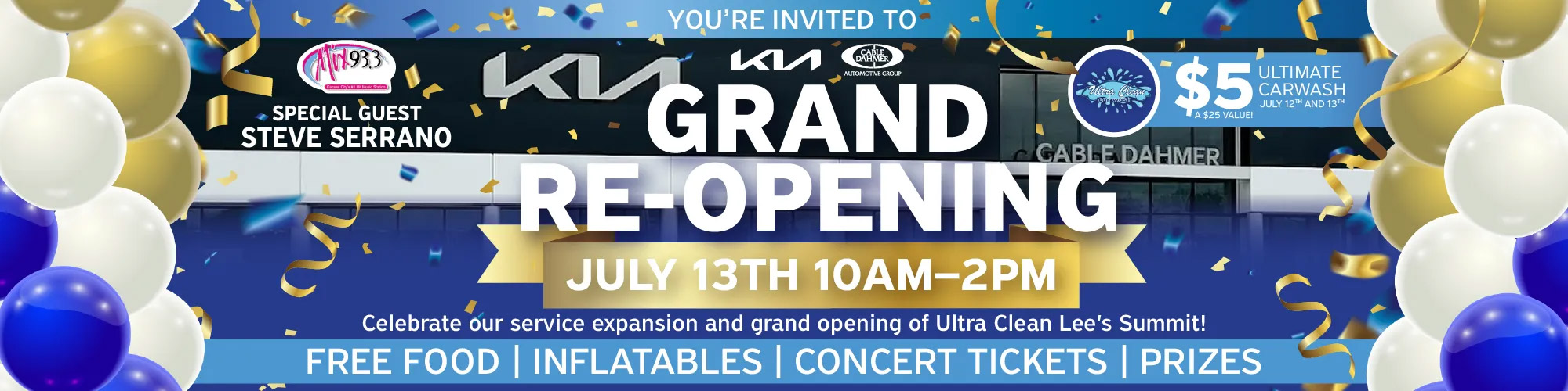 Kia dealership grand re-opening celebration banner with balloons and event details