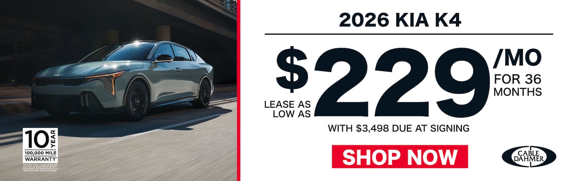 2026 Kia K4 lease offer $229/mo