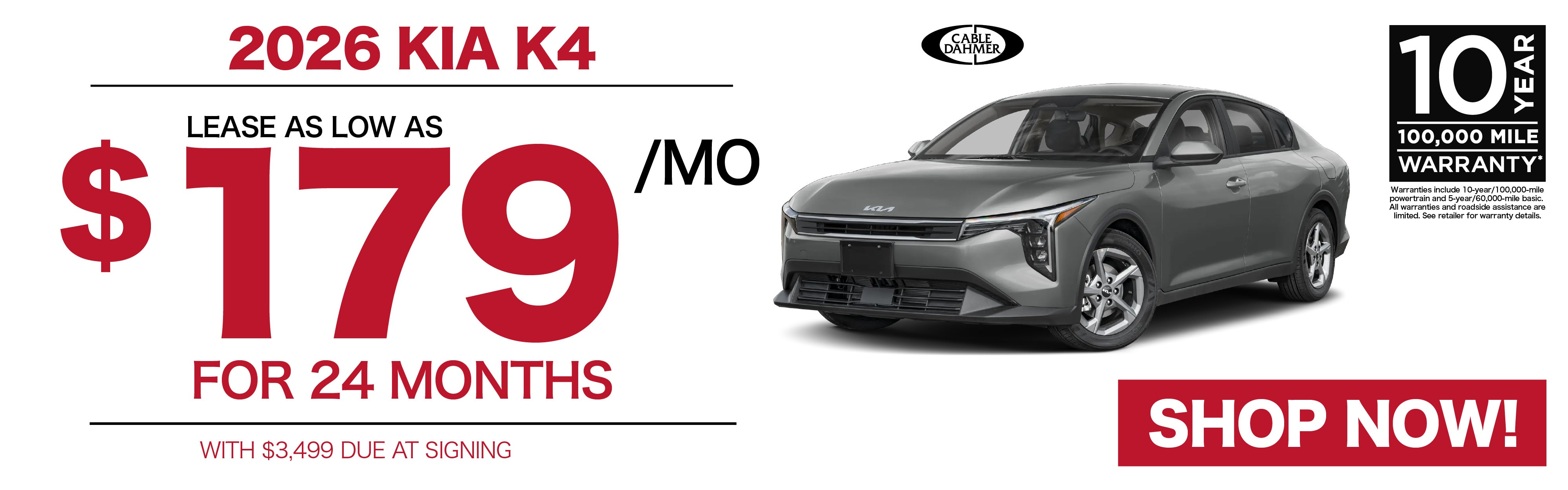 2026 Kia K4 Lease as low as $179/mo for 24 months with $3,49