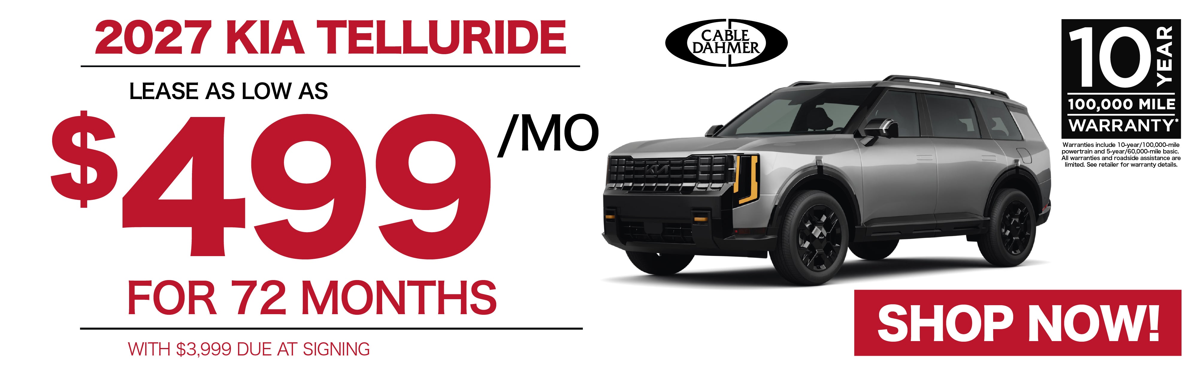 2027 Kia Telluride Lease as low as $499/mo for 72 months
